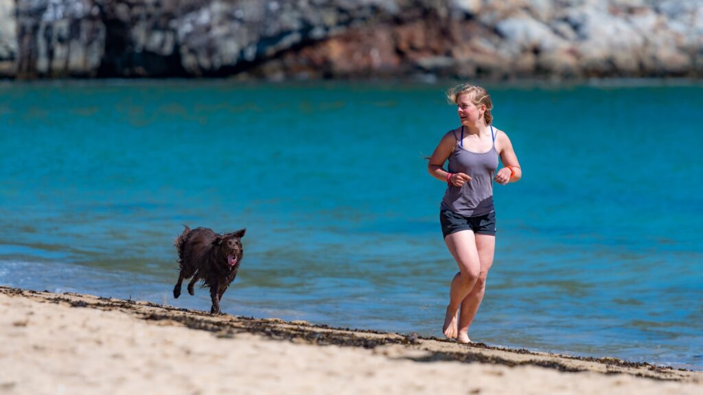 woman and dog running in seashore